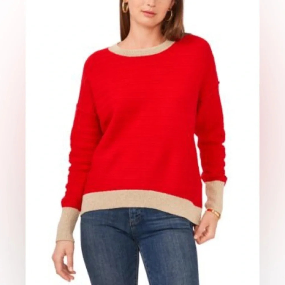 Vince CAMUTO Edged Crewneck Sweater In Bright Cherry